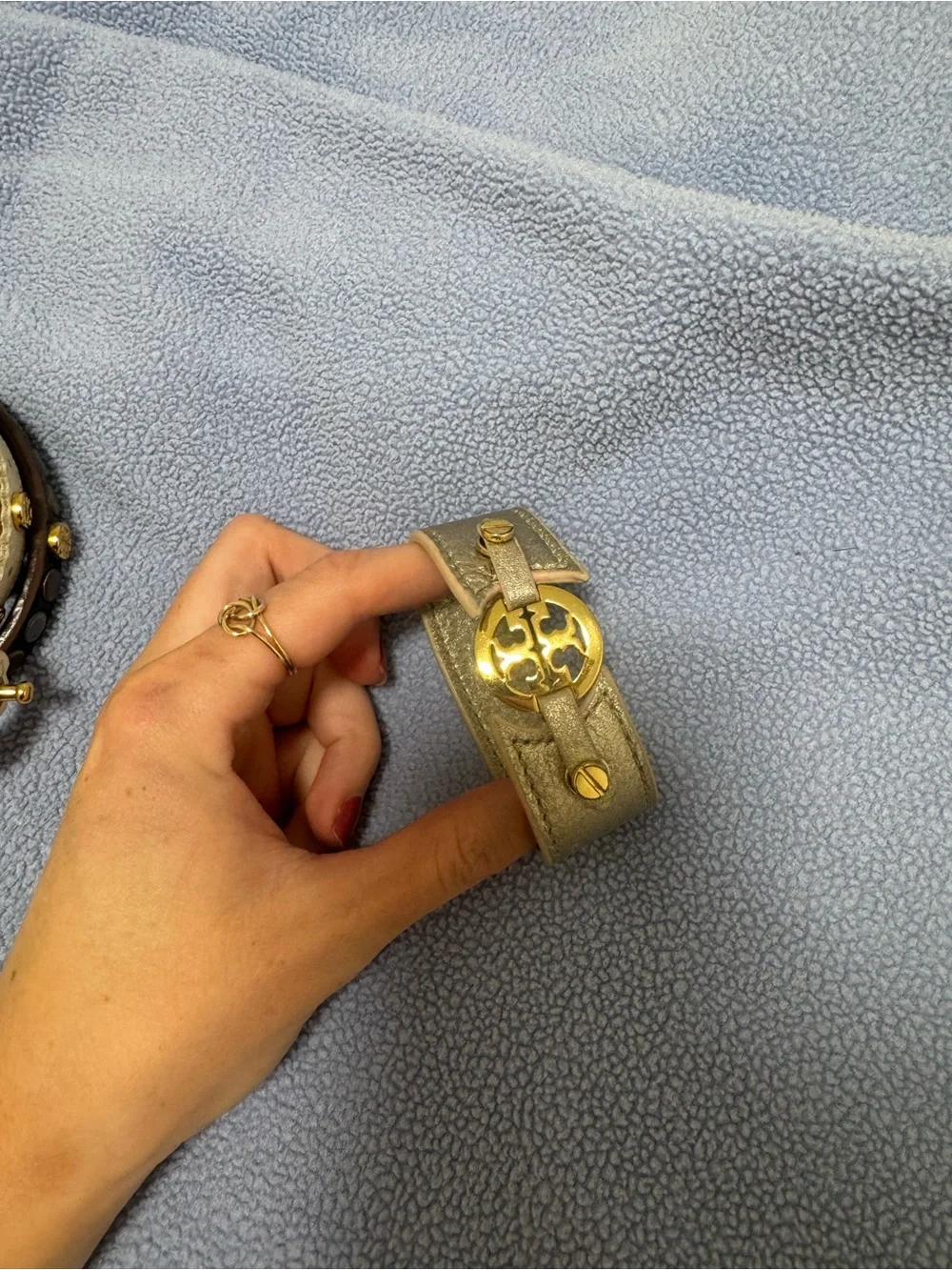 Tory Burch Gold Logo Accent Gray Leather Cuff Bracelet
